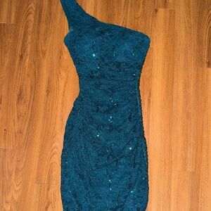 Elegant Teal Lace One-Shoulder Dress